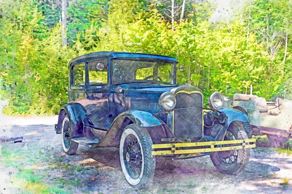 Cyfrowo Stworzony Akwarelowy Obraz Odrestaurowanego Zabytkowego Samochodu Lat Dwudziestych Wysokiej — Zdjęcie stockowe