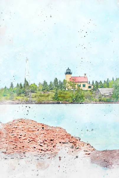 Pintura Acuarela Creada Digitalmente Del Faro Copper Harbor Vista Desde — Foto de Stock
