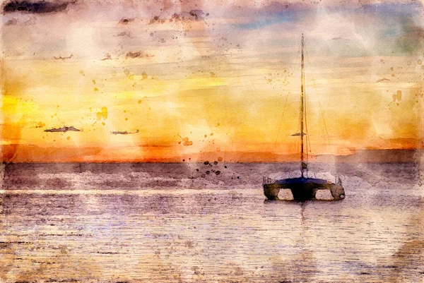 数字创作的水彩画一个充满活力的日落与强烈的橙色色调和轮廓帆船 高质量的例证 — 图库照片
