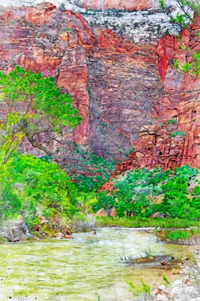 Digitales Aquarell Des Spektakulären Virgin River Zion Nationalpark Hochwertige Illustration — Stockfoto