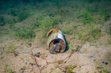 Kullanılmış bira kutusu, iç kesimlerdeki bir gölün dibini kirletiyor. Bu da çevresel bir sorunu gösteriyor. Yüksek kalite fotoğraf