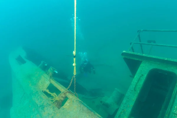 Munising August 11Th 2023 Scuba Diver Exploring Shipwreck View High — Stock Photo, Image