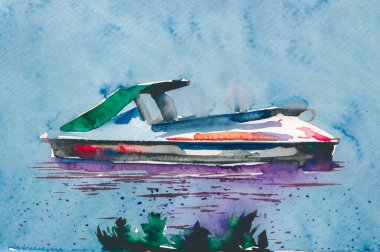 Dijital olarak suyun üzerinde Jetski 'nin suluboya resmini yarattı. Yüksek kalite fotoğraf