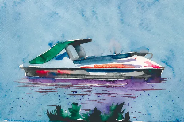 Dijital olarak suyun üzerinde Jetski 'nin suluboya resmini yarattı. Yüksek kalite fotoğraf