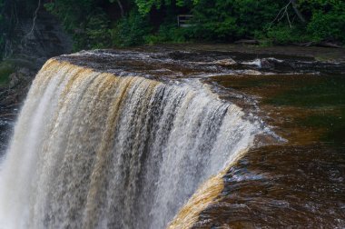 Yukarı Tahquamenon Şelalesi 'ne yaklaşmak gerilimi ve muazzam gücü gösteriyor. Kök Birası Şelalesi olarak da bilinir. Yüksek kalite fotoğraf