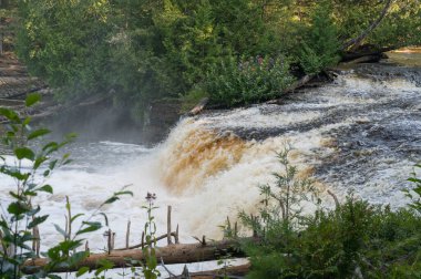 Aşağı Tahquamenon Şelalesi 'nin yan görüntüsü, kükreyen akıntıları gösteriyor. Yüksek kalite fotoğraf