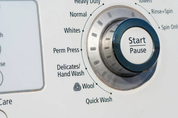Los Detalles Una Perilla Selector Lavadora Centran Botón Iniciar Pausa — Foto de Stock