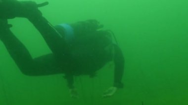 SCUBA dalgıcı bulutlu yeşil tatlı su gölünde ilerliyor. Yüksek kalite 4k görüntü