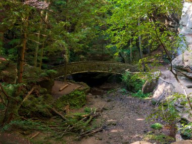 Hocking Hills 'teki Orman' daki Taş Köprü 'de fotokopi uzayı var. Yüksek kalite fotoğraf