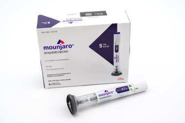 POTTERVILLE, MI - JANUARY 14, 2024: Mounjaro tirzepatide prescription box with injection pen isolated on a white background. High quality photo clipart