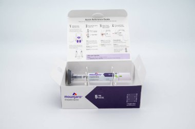 POTTERVILLE, MI - JANUARY 14, 2024: Mounjaro tirzepatide prescription box with injection pen isolated on a white background. High quality photo clipart