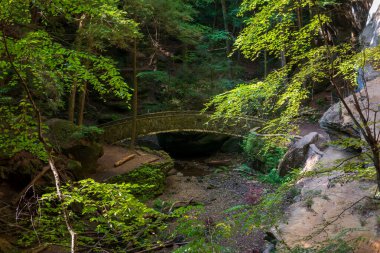 Hocking Hills Ormanı 'nda fotokopi uzayı olan bir taş köprü. Yüksek kalite fotoğraf