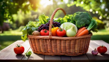 Fresh green vegetables in basket clipart