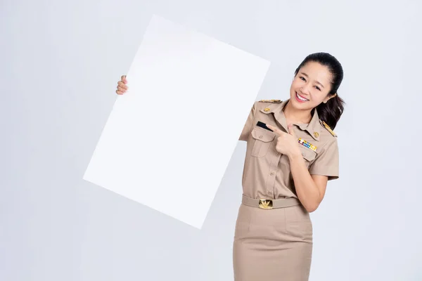 Mladá Asijská Žena Hnědé Uniformě Pracovní Oblečení Ona Ukazuje Drží — Stock fotografie