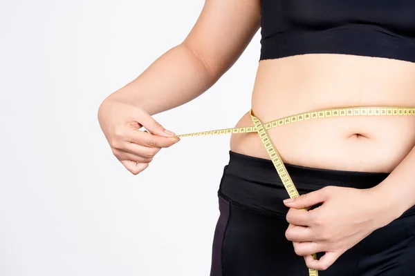 Fat Woman Measuring Her Stomach Isolated White Background Concept Subcutaneous — Stock Photo, Image