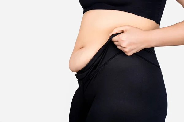 Mujer Con Sobrepeso Usando Pantalones Negros Grasa Las Caderas Estómago —  Fotos de Stock