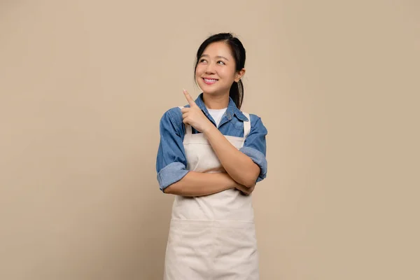 Cheerful Smiling Asian Female Barista Wear Cream Color Apron She — Stock Photo, Image