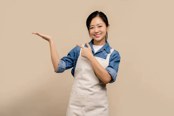 Pequeno Empresário Proprietário Jovem Mulher Asiática Avental Apontando Lado Isolado — Fotografia de Stock