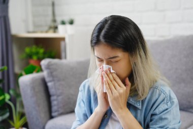 Asyalı güzel bir kadın. Koşan bir burnu var ve oturma odasında hapşırıyor.. 