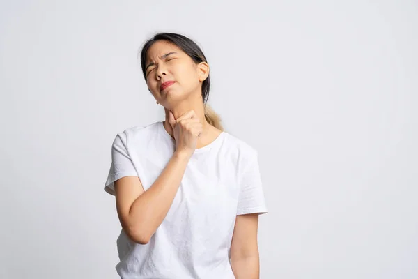 Asian Woman Has Sore Throat Isolated White Background — Stock Photo, Image