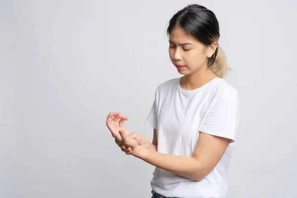 Young Beautiful Asian Woman Suffering Pain Her Palm She Massaging — Stock Photo, Image