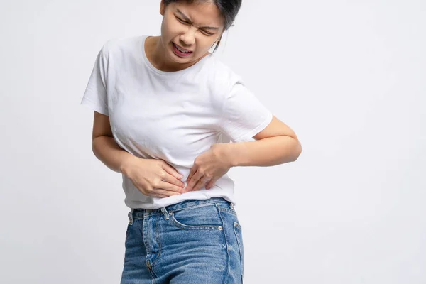 Asiática Mujer Estaba Enferma Dolor Estómago Ella Poniendo Sus Manos —  Fotos de Stock