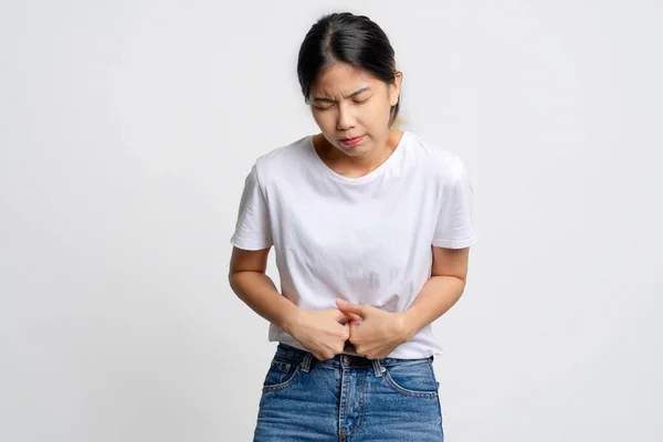 Asian Woman White Shirt Having Stomach Ache Standing Isolated White — Stock Photo, Image