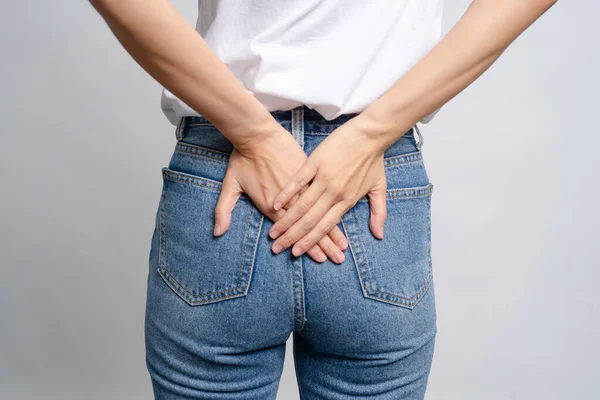 Asian Woman Uses Hands Touch Her Butt Hemorrhoids Health Care — Stock Photo, Image