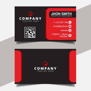 Şirket için Yaratıcı ve Temiz İş Kartı Şablonu İletişim Kartı. İki taraflı siyah ve kırmızı. Vektör illüstrasyonu.