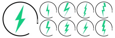 Elektrikli araba şarj simgelerini, grafik tasarım şablonlarını, yıldırımları ayarla. Elektrik yükleme işaretli park yeri, vektör illüstrasyonu
