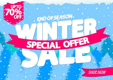 Kış indirimi, indirimli poster tasarım şablonu, mağaza ilanı. Sezon alışverişi, reklam afişi, vektör illüstrasyonu.