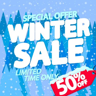 Kış indirimi% 50 'ye kadar, poster tasarımı şablonu, sezonun en iyi teklifi. Çevrimiçi dükkan için indirimli pankart, vektör illüstrasyonu.