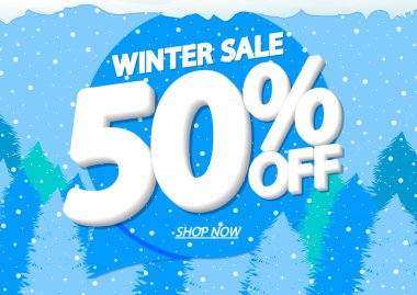 Kış indirimi% 50 'ye kadar, poster tasarımı şablonu, sezonun en iyi teklifi. Çevrimiçi dükkan için indirimli pankart, vektör illüstrasyonu.