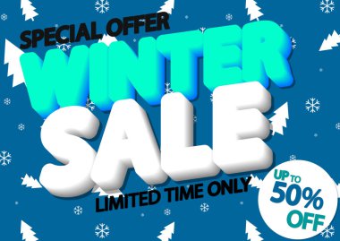 Kış indirimi% 50 'ye kadar, poster tasarımı şablonu, sezonun en iyi teklifi. Çevrimiçi dükkan için indirimli pankart, vektör illüstrasyonu.