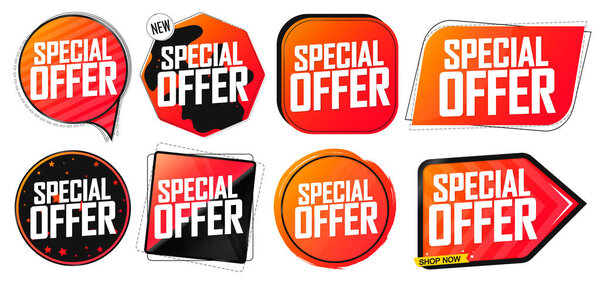 Специальное предложение. Набор баннеров продажи, шаблон дизайна тегов скидки, векторная иллюстрация