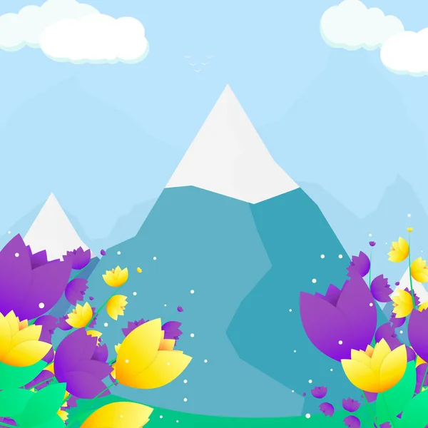 Векторний Гірський Пейзажний Фон Різнокольоровими Квітами Горами Хмарами — стоковий вектор