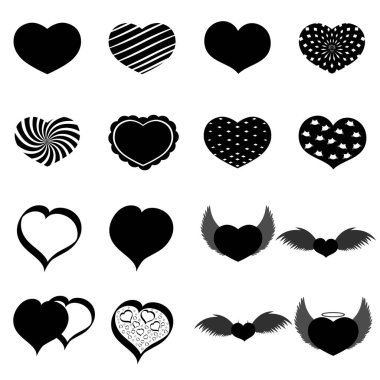 Çeşitli kalplerin siyah siluetlerinin vektör kümesi.