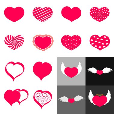 Kanatları ve kalpleri olan kırmızı ve pembe kalp seti. vektör illüstrasyonu