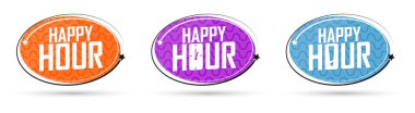 Happy Hour pankartları tasarım şablonu, satış etiketleri, vektör illüstrasyonunu ayarla