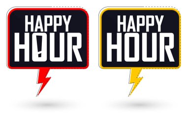 Happy Hour pankartları tasarım şablonu, satış etiketleri, vektör illüstrasyonunu ayarla