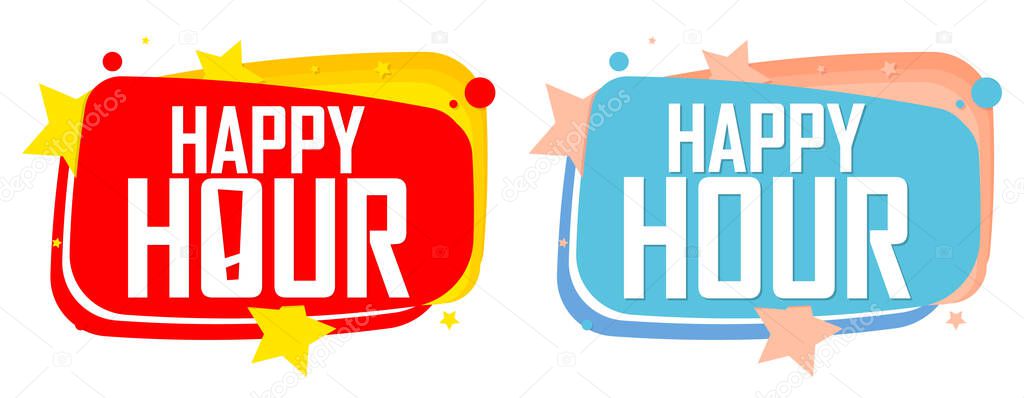 Set Happy Hour banners design template, sale tags, vector illustration