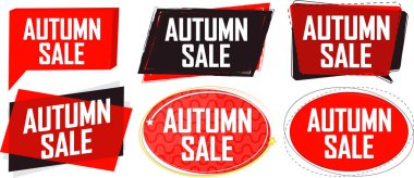 Dört adet sonbahar indirimi çıkartması. Vektör çizimi. düz dizayn. sonbahar yaprakları.