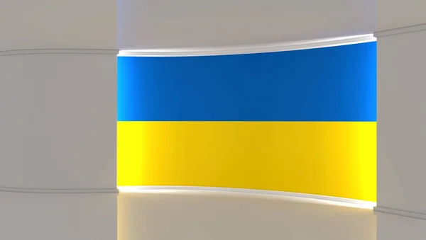 TV studio. Ukraine. Studio with Ukrainian flag colors. Ukraine flag background. News studio. Backdrop for any green screen or chroma key video or photo production. 3d render. 3