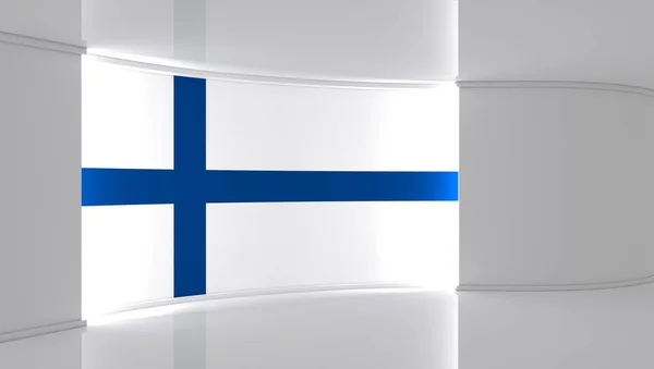 TV studio. Finnish flag studio. Finnish flag background. News studio. The perfect backdrop for any green screen or chroma key video or photo production. 3d render. 3