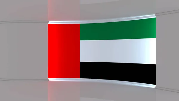 TV studio. Dubai flag studio. Dubai flag background. News studio. The perfect backdrop for any green screen or chroma key video or photo production. 3d render. 3