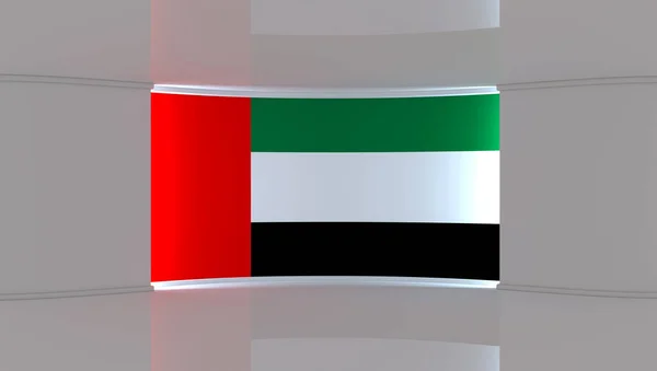 TV studio. Dubai flag studio. Dubai flag background. News studio. The perfect backdrop for any green screen or chroma key video or photo production. 3d render. 3