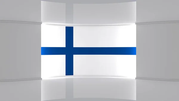 TV studio. Finnish flag studio. Finnish flag background. News studio. The perfect backdrop for any green screen or chroma key video or photo production. 3d render. 3
