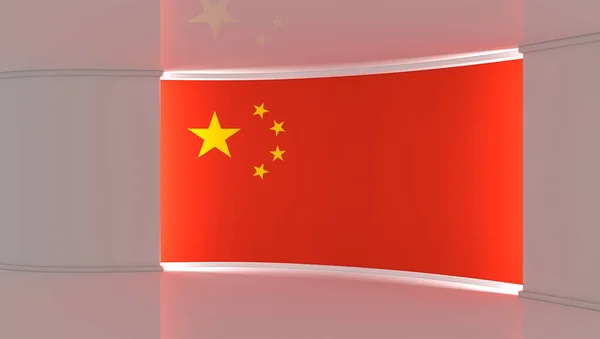 TV studio. China flag studio. China flag background. News studio. The perfect backdrop for any green screen or chroma key video or photo production. 3d render. 3