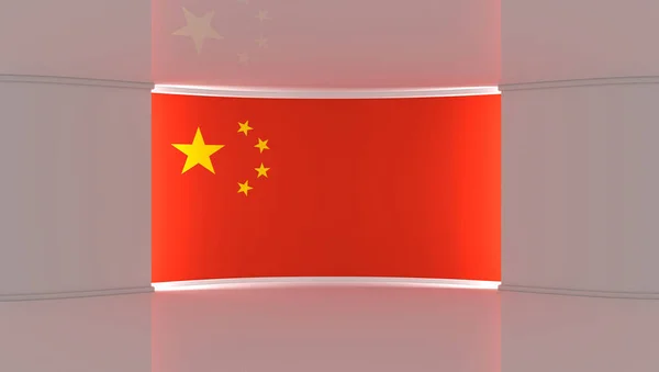 TV studio. China flag studio. China flag background. News studio. The perfect backdrop for any green screen or chroma key video or photo production. 3d render. 3