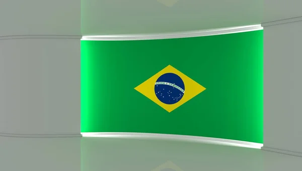 テレビスタジオ ブラジルの旗スタジオ ブラジルの国旗の背景 ニューススタジオ 緑の画面やクロマキービデオや写真の生産のための完璧な背景 3Dレンダリング — ストック写真